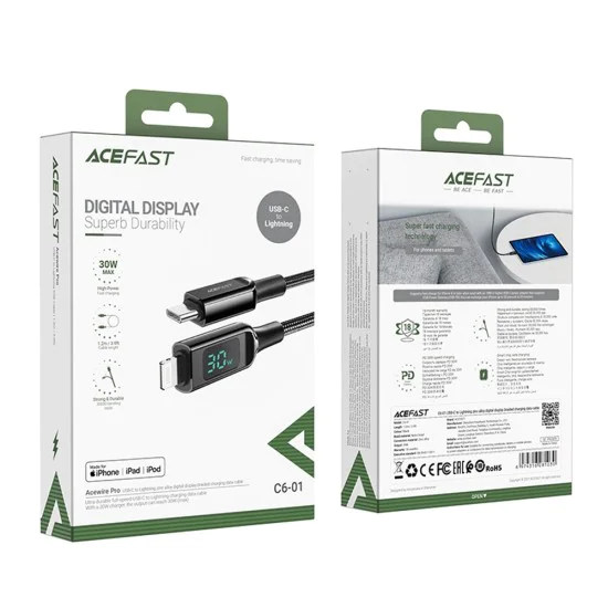 Acefast - Кабел за данни (C6-01) - Type-C към Lightning, бързо зареждане, 3A, LED дисплей, 1.2 м - Черен