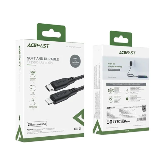 Acefast - Кабел за данни (C3-01) - Type-C към Lightning, 30W, 3A, Бързо зареждане, 1.2 м - Черен