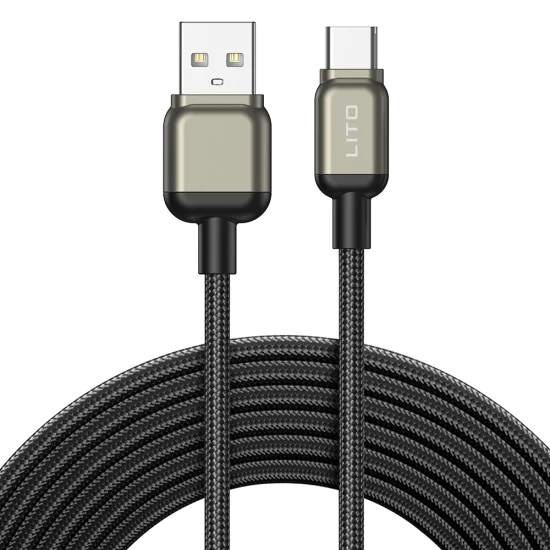 Lito - Кабел за данни (LD17) - USB към Type-C, бързо зареждане, плетен найлон - Черен