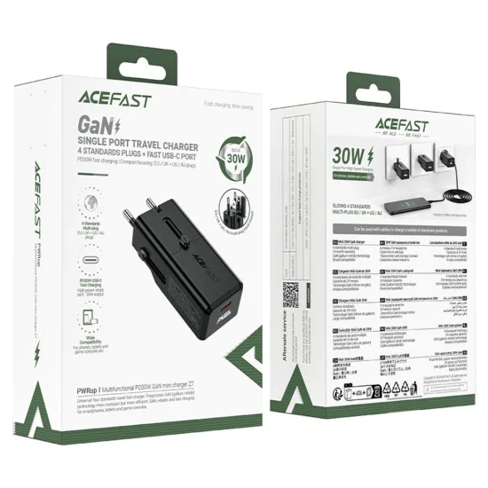 Acefast - Адаптер за пътуване (Z7) - GaN, Type-C, EU, UK, AU, US, PD30W, Многофункционално бързо зарядно, Мини дизайн - Черен