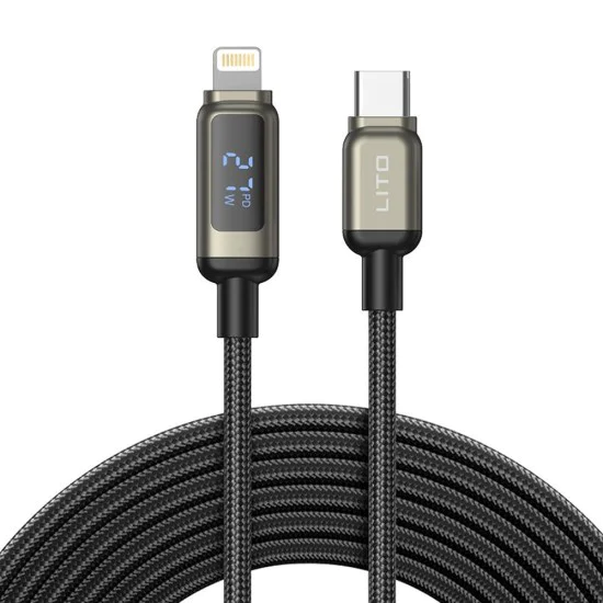 Lito - Кабел за данни (LD15) - Type-C към Lightning, бързо зареждане, плетен найлон, 60W, LED дисплей - Черен