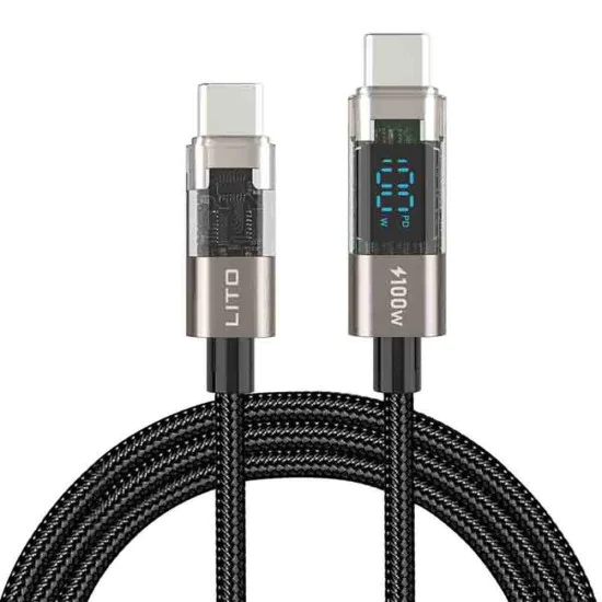 Lito - Кабел за данни (LD09-LC) - Type-C към Type-C, 100W високоскоростно зареждане, оплетен, LED дисплей, 1.2 м - Черен