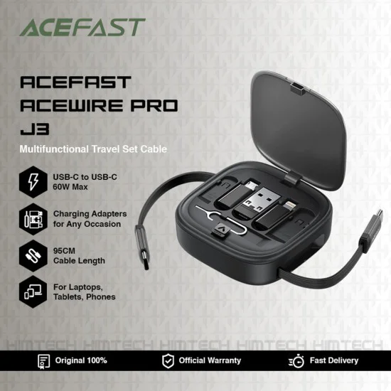 Acefast - Кабел за данни (J3) - Комплект за пътуване с прибиращ се кабел 2x USB-C, USB, Lightning, Micro-USB, TF, 60W, 3A, 0.95 м - Черен
