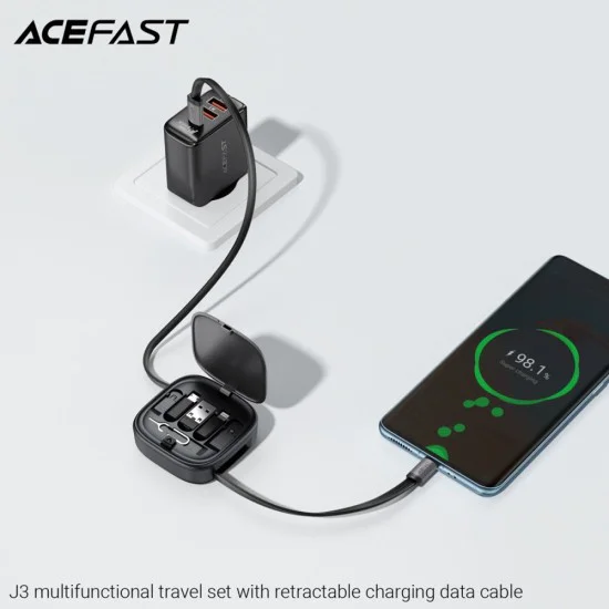 Acefast - Кабел за данни (J3) - Комплект за пътуване с прибиращ се кабел 2x USB-C, USB, Lightning, Micro-USB, TF, 60W, 3A, 0.95 м - Черен