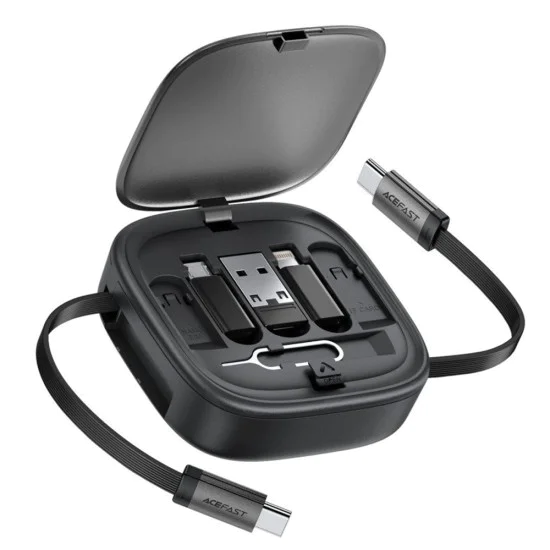Acefast - Кабел за данни (J3) - Комплект за пътуване с прибиращ се кабел 2x USB-C, USB, Lightning, Micro-USB, TF, 60W, 3A, 0.95 м - Черен
