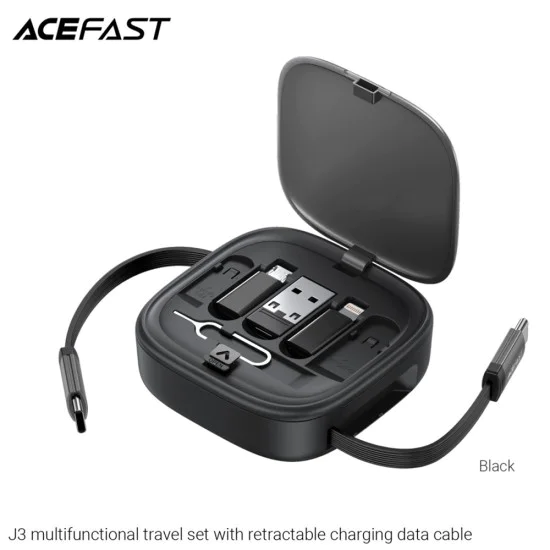 Acefast - Кабел за данни (J3) - Комплект за пътуване с прибиращ се кабел 2x USB-C, USB, Lightning, Micro-USB, TF, 60W, 3A, 0.95 м - Черен