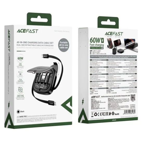 Acefast - Кабел за данни (J3) - Комплект за пътуване с прибиращ се кабел 2x USB-C, USB, Lightning, Micro-USB, TF, 60W, 3A, 0.95 м - Черен