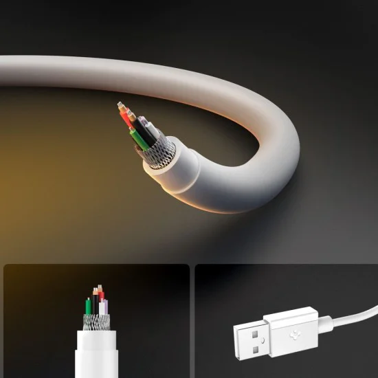 Spigen - Кабел за данни Essential (EB6010AC) - Бързо зареждане, USB към Type-C, 60W, 480Mbps, 1m - Бял