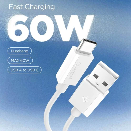 Spigen - Кабел за данни Essential (EB6010AC) - Бързо зареждане, USB към Type-C, 60W, 480Mbps, 1m - Бял