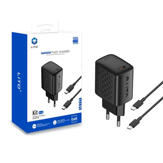 Зарядно - Lito - (LC17T) - с включен кабел Type-C, изход Type-C, PD30W, GaN, PC Fireproof, EU щепсел - Черен
