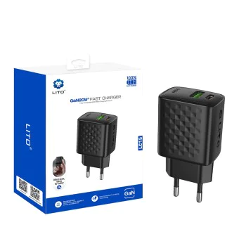 Зарядно - Lito - (LC15) - Type-C, USB изход, PD20W, GaN, PC Fireproof, EU Plug - Черен