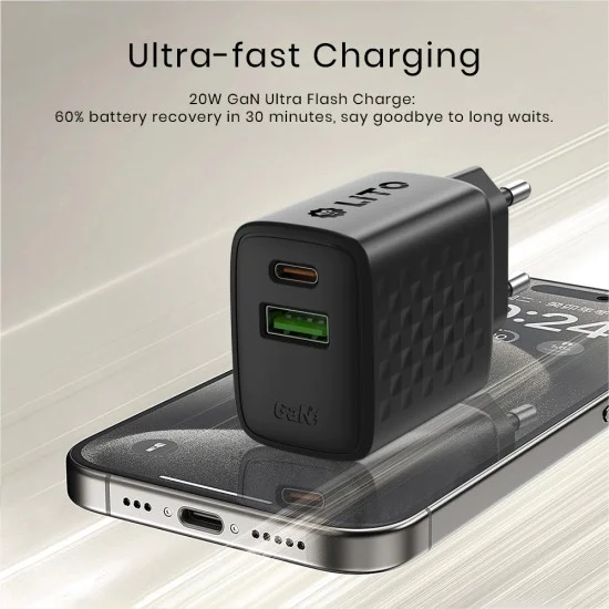 Зарядно - Lito - (LC15) - Type-C, USB изход, PD20W, GaN, PC Fireproof, EU Plug - Черен