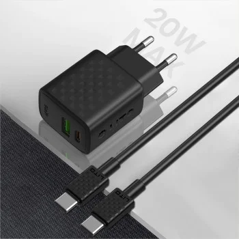 Зарядно - Lito - (LC15T) - с включен кабел Type-C, Type-C, USB изход, PD20W, GaN, PC Fireproof, EU Plug - Черен
