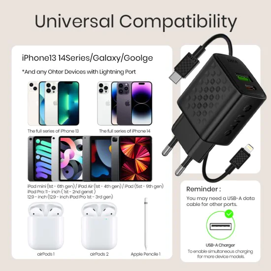Зарядно - Lito - (LC15L) - с включен Lightning кабел, Type-C, USB изход, PD20W, GaN, PC Fireproof, EU Plug - Черен