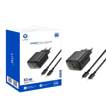Зарядно - Lito - (LC15L) - с включен Lightning кабел, Type-C, USB изход, PD20W, GaN, PC Fireproof, EU Plug - Черен