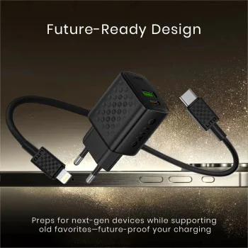 Зарядно - Lito - (LC15L) - с включен Lightning кабел, Type-C, USB изход, PD20W, GaN, PC Fireproof, EU Plug - Черен