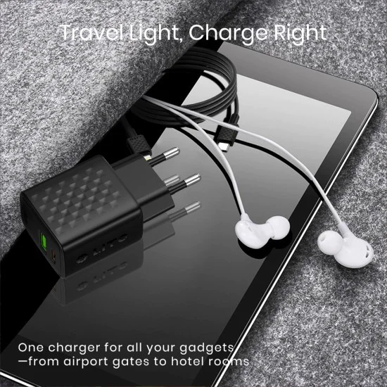 Зарядно - Lito - (LC15L) - с включен Lightning кабел, Type-C, USB изход, PD20W, GaN, PC Fireproof, EU Plug - Черен