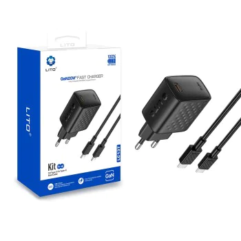 Зарядно - Lito - (LC13T) - с включен кабел Type-C, Type-C, PD20W, GaN, PC Fireproof, EU щепсел - Черен