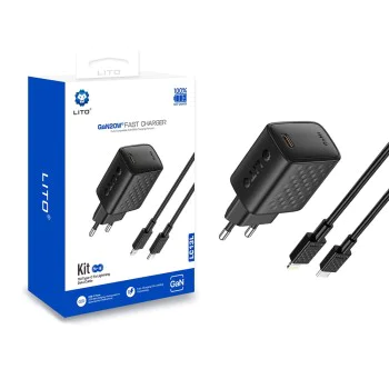 Зарядно - Lito - (LC13L) - с включен Lightning кабел, Type-C, PD20W, GaN, PC Fireproof, EU Plug - Черен