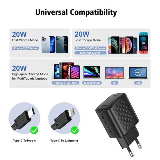 Зарядно - Lito - (LC13L) - с включен Lightning кабел, Type-C, PD20W, GaN, PC Fireproof, EU Plug - Черен