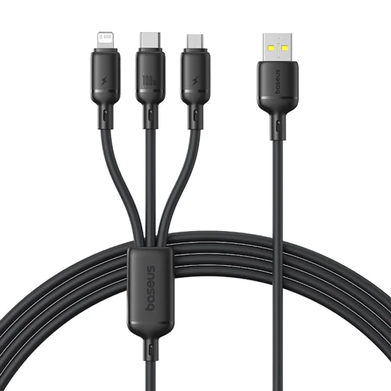 Baseus - Кабел за данни (P10377705123-00) - Бързо зареждане, USB към USB-C, Lightning, Micro-USB, 100W, 480Mbps, 1.5 м - Черен