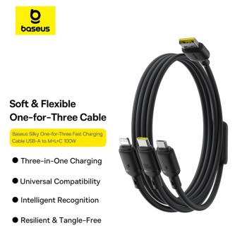 Baseus - Кабел за данни (P10377705123-00) - Бързо зареждане, USB към USB-C, Lightning, Micro-USB, 100W, 480Mbps, 1.5 м - Черен