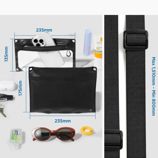 Spigen - Водоустойчива чанта през рамо (A640) - Универсална чанта през рамо за аксесоари, 2 отделения - Черна