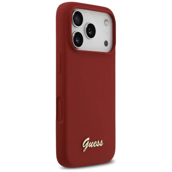 Калъф за iPhone 17 Pro - Guess - Силиконов Script Metal Logo MagSafe (GUHMP17LSMBSLM) - Червен