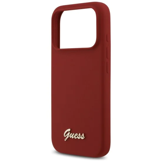 Калъф за iPhone 17 Pro - Guess - Силиконов Script Metal Logo MagSafe (GUHMP17LSMBSLM) - Червен