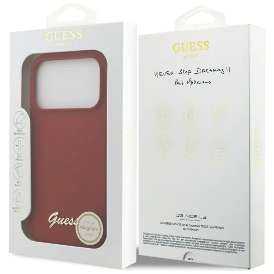 Калъф за iPhone 17 Pro - Guess - Силиконов Script Metal Logo MagSafe (GUHMP17LSMBSLM) - Червен