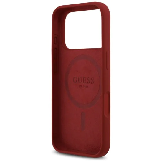 Калъф за iPhone 17 Pro - Guess - Силиконов Script Metal Logo MagSafe (GUHMP17LSMBSLM) - Червен