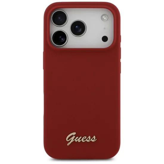 Калъф за iPhone 17 Pro - Guess - Силиконов Script Metal Logo MagSafe (GUHMP17LSMBSLM) - Червен