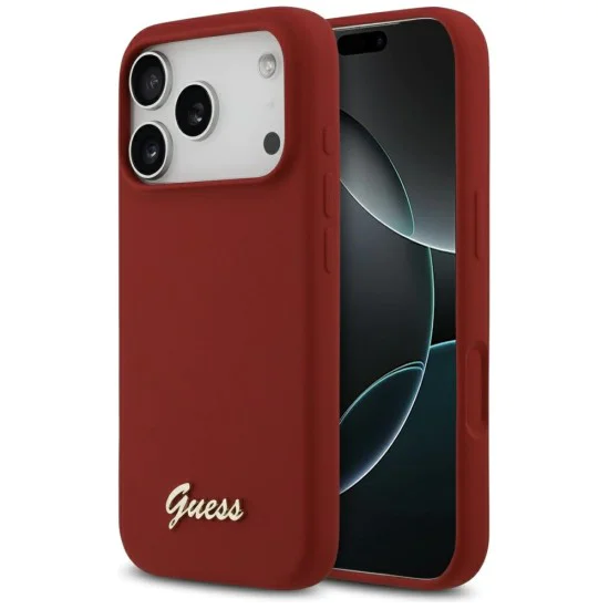 Калъф за iPhone 17 Pro - Guess - Силиконов Script Metal Logo MagSafe (GUHMP17LSMBSLM) - Червен