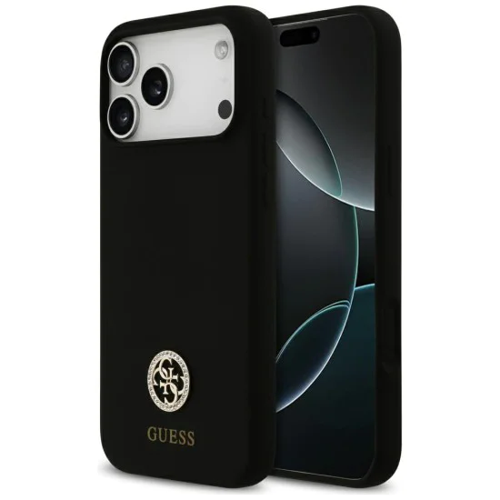 Калъф за iPhone 17 Pro Max - Guess - Силиконов лого Strass 4G MagSafe (GUHMP17XM4DGPK) - Черен