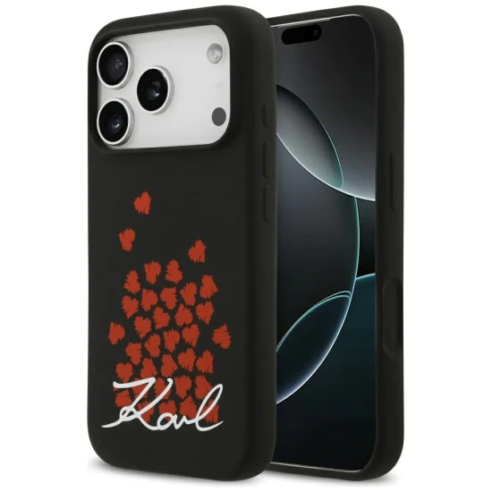 Калъф за iPhone 17 Pro - Karl Lagerfeld - Силиконов калъф с лого и символ на сърце MagSafe (KLHMP17LSMHBKSOK) - Черен