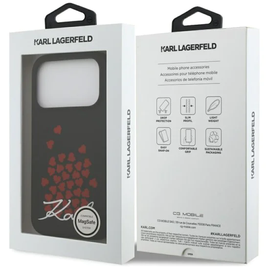 Калъф за iPhone 17 Pro - Karl Lagerfeld - Силиконов калъф с лого и символ на сърце MagSafe (KLHMP17LSMHBKSOK) - Черен