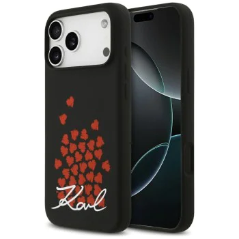 Калъф за iPhone 17 Pro Max - Karl Lagerfeld - Силиконов калъф с лого и символ на сърце MagSafe (KLHMP17XSMHBKSOK) - Черен