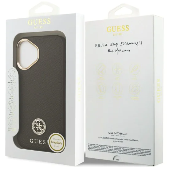 Калъф за iPhone 17 - Guess - Зърнесто стразно лого MagSafe (GUHMP17SPGCRMDEW) - Кафяв