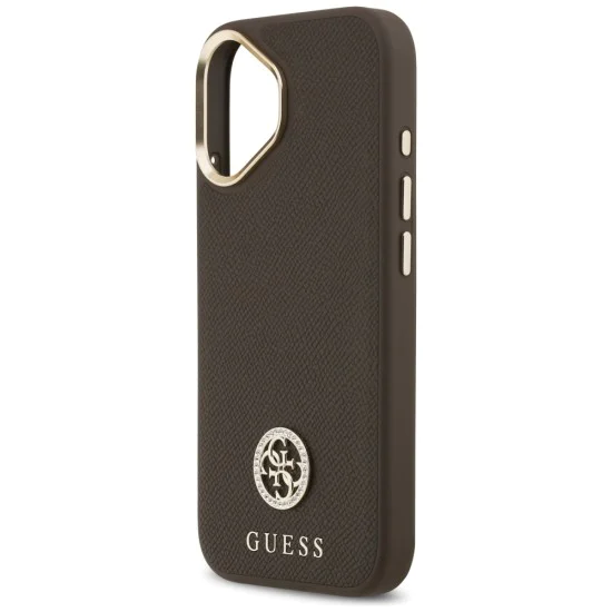 Калъф за iPhone 17 - Guess - Зърнесто стразно лого MagSafe (GUHMP17SPGCRMDEW) - Кафяв