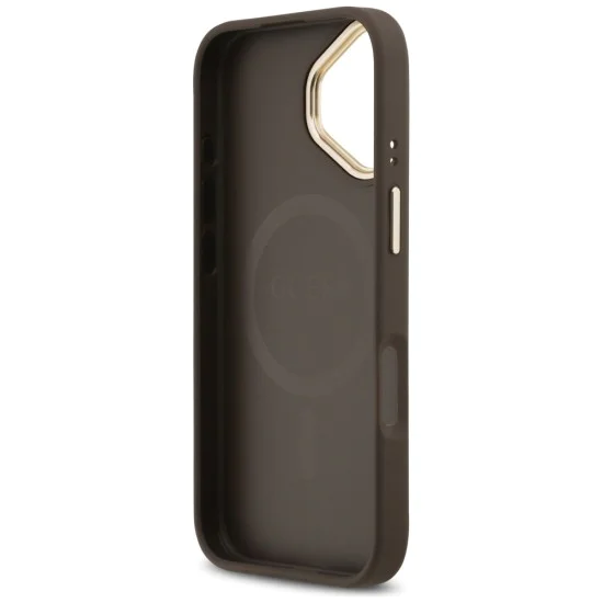 Калъф за iPhone 17 - Guess - Зърнесто стразно лого MagSafe (GUHMP17SPGCRMDEW) - Кафяв