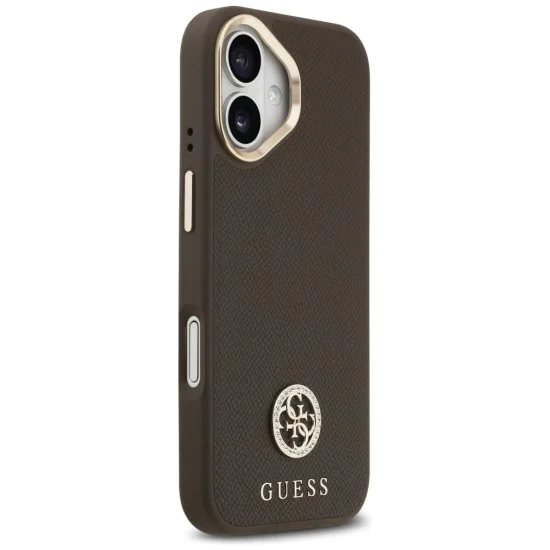Калъф за iPhone 17 - Guess - Зърнесто стразно лого MagSafe (GUHMP17SPGCRMDEW) - Кафяв