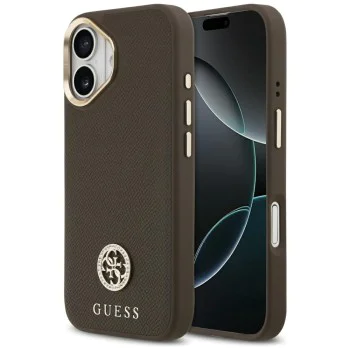 Калъф за iPhone 17 - Guess - Зърнесто стразно лого MagSafe (GUHMP17SPGCRMDEW) - Кафяв