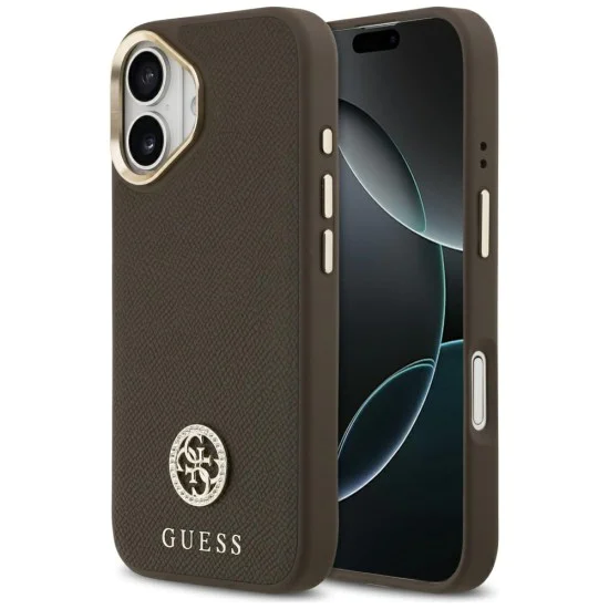 Калъф за iPhone 17 - Guess - Зърнесто стразно лого MagSafe (GUHMP17SPGCRMDEW) - Кафяв
