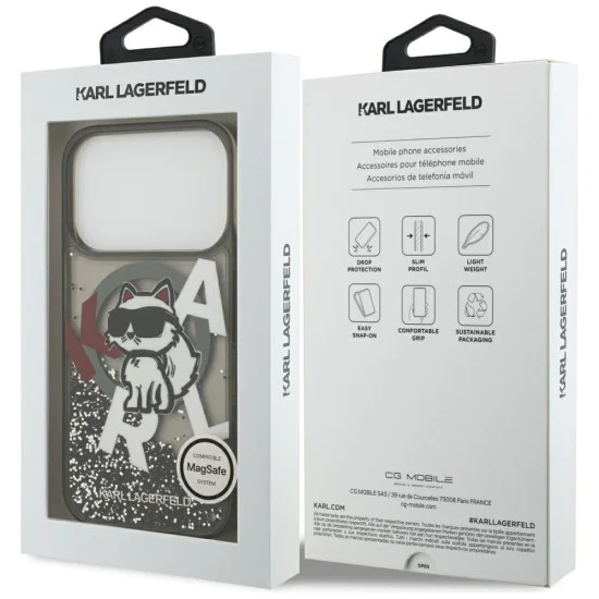 Калъф за iPhone 17 Pro - Karl Lagerfeld - Liquid Glitter Choupette Logo MagSafe (KLHMP17LLCHSCTDK) - Черен