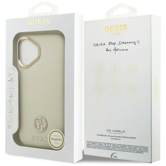 Калъф за iPhone 17 - Guess - Grained Strass Logo MagSafe (GUHMP17SPGCRMDEE) - Бежов