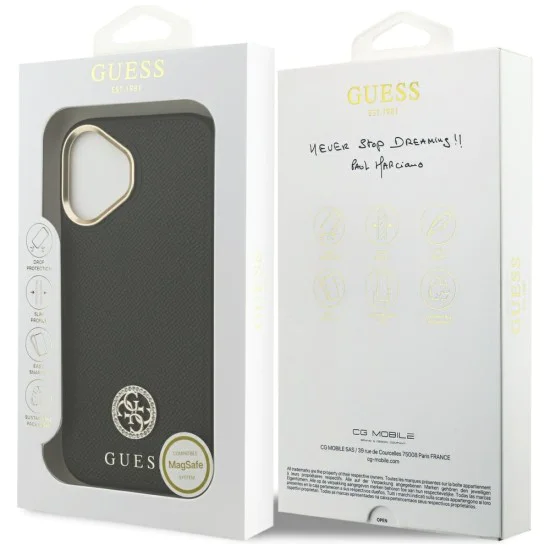 Калъф за iPhone 17 - Guess - Зърнесто стразно лого MagSafe (GUHMP17SPGCRMDEK) - Черен
