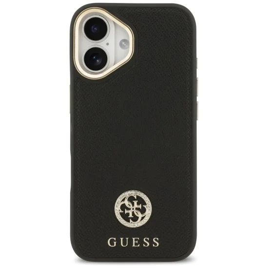 Калъф за iPhone 17 - Guess - Зърнесто стразно лого MagSafe (GUHMP17SPGCRMDEK) - Черен