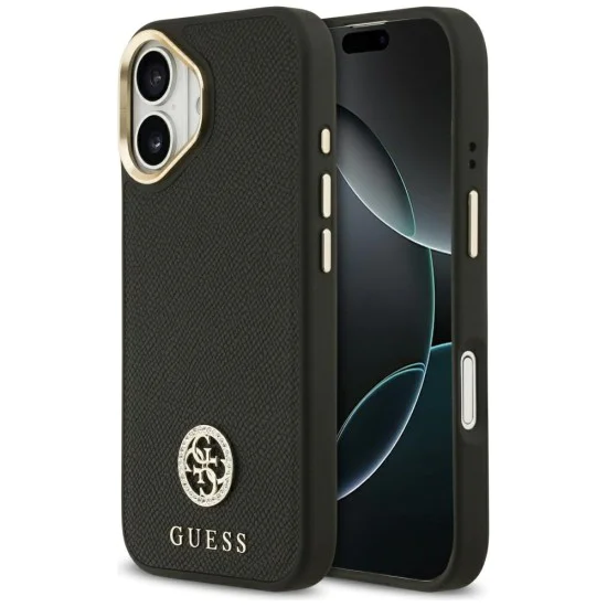 Калъф за iPhone 17 - Guess - Зърнесто стразно лого MagSafe (GUHMP17SPGCRMDEK) - Черен
