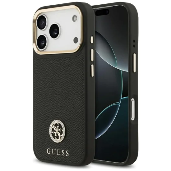 Калъф за iPhone 17 Pro - Guess - Зърнесто стразно лого MagSafe (GUHMP17LPGCRMDEK) - Черен