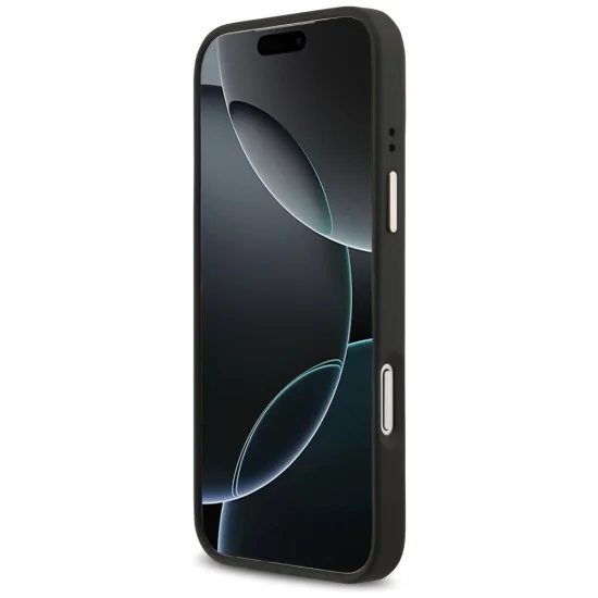 Калъф за iPhone 17 Pro Max - Guess - Зърнесто стразно лого MagSafe (GUHMP17XPGCRMDEK) - Черен